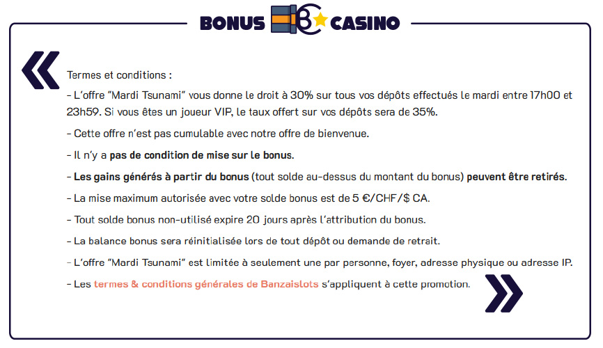 image : Terme de conditions des bonus sans condition de Banzai Slots