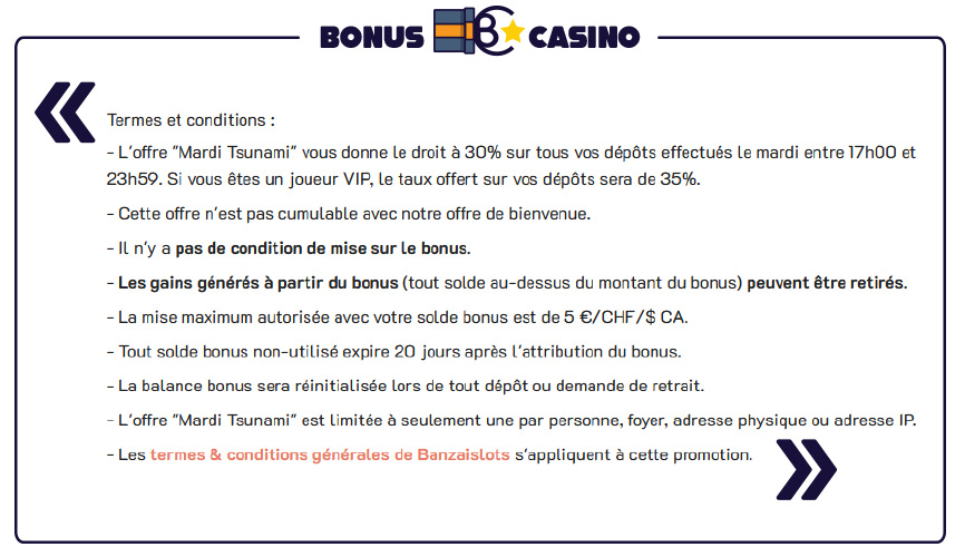 image : Terme de conditions des bonus sans condition de Banzai Slots